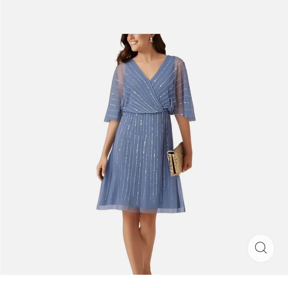 Adrianna Papell Blue Midi Dress with Sheer Sleeves